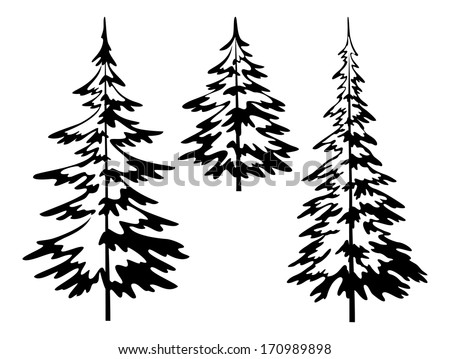 Christmas fir trees, symbolical pictogram, black contours isolated on white background. Vector
