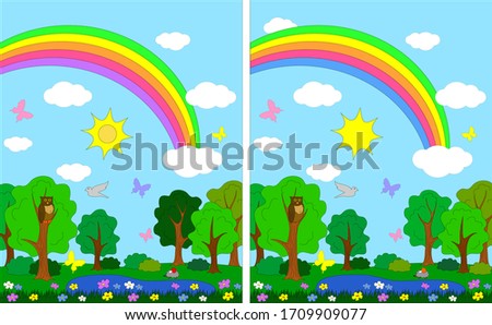 Game: find 10 differences. Vector picture for children. Beautiful bright pictures with rainbow, trees and  flowers.