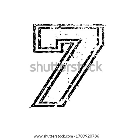 7 Classic Vintage Sport Jersey / Uniform numbers in black with a black outside contour line number on white background for American football, Baseball and Basketball or soccer for shirt