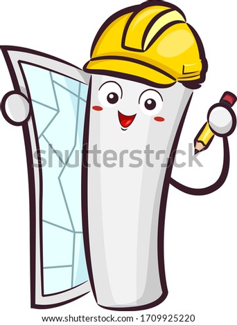 Illustration of a Construction Blueprint Mascot Holding a Pencil and Wearing a Yellow Hard Hat