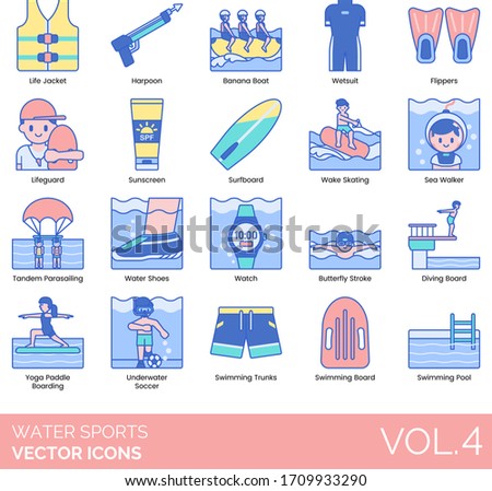 Water sports icons including life jacket, banana boat, wet suit, flippers, lifeguard, wake skating, sea walker, tandem parasailing, shoes, watch, butterfly stroke, yoga, underwater soccer, trunks, pool.