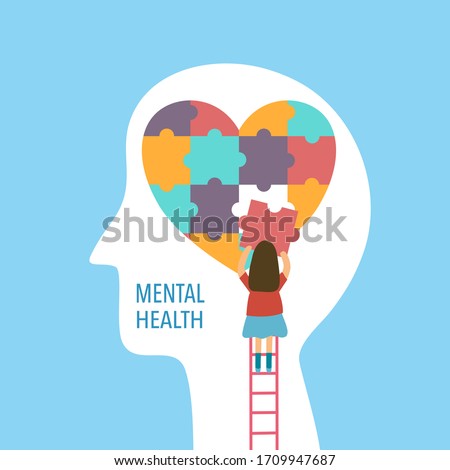 Mental health concept vector illustration. A girl making heart jigsaw in brain. World mental health day. Psychological therapy and treatment flat design. Royalty-Free Stock Photo #1709947687