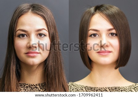 Before and after hairstyle of brunette woman, short hairstyle.