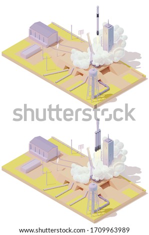 Vector isometric space rocket launch complex infographic. Modern spaceship on the launch pad. Rocket lifts off from the launch platform. Buildings and spaceport infrastructure