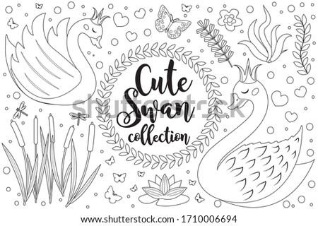 Cute swan set Coloring book page for kids. Collection of design element sketch outline style. Kids baby clip art funny smiling kit. illustration