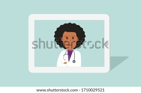 Video conference remote with your doctor. Tablet screen with black woman doctor online. Medicine and telemedicine concept. Vector flat person illustration.