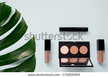 Set of decorative cosmetics with makeup brush  on colorful pastel background with monstera leaf. Minimal style composition. Top view
