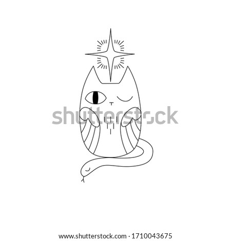 Vector line of wise chimera that has cat head, body of owl and snake as its tail close one eye to see your mind and open one eye to see surrounding tattoo with cute and minimal designs