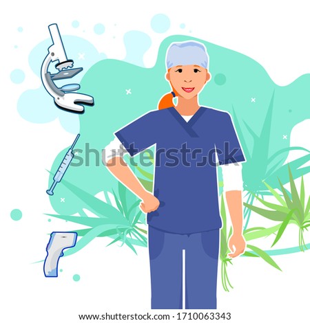 Doctor female. Microscope and touch thermometer. Abstract background. Vector illustration.