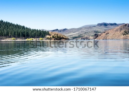 Lake, pines and mountains in the province of Neuquén, Argentina.