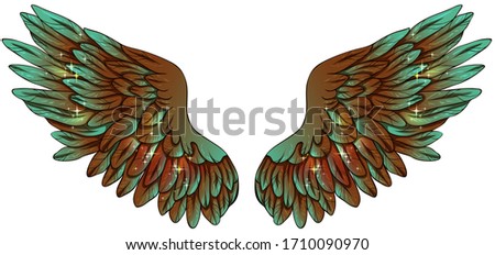 Beautiful magic glittery glowing brown mint green vector wings