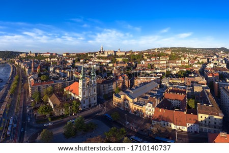 Hungary Budapest. Aerial cityscape about Budapest with Batthany square and St Anne Church big food market. Buda castle anf Fishermans bstion on the background