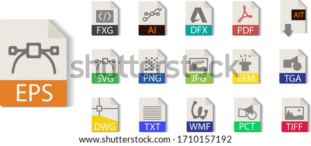 	
Illustrator file format collection. FXG, AI,EPS, PDF, AIT, SVG, PNG, JPG, EMF, TGA, TIFF, TXT, WMF, PCT, DXF, DWG. File type vector and icons. Royalty-Free Stock Photo #1710157192