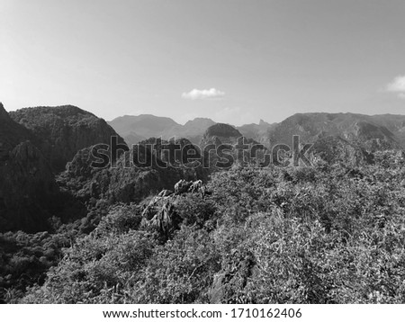 Black and white nature photo. View from a top of a mountain