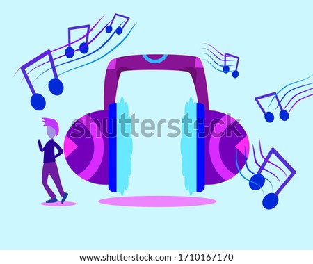 Vector concept of a young man enjoying music. Illustration man happy music time