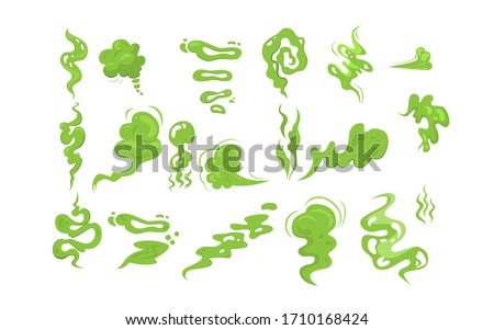 Stinky smoke samples set. Green fart clouds, toxic steam, odor. Vector illustration for bad smell, disgusting stink, poor hygiene concept Royalty-Free Stock Photo #1710168424