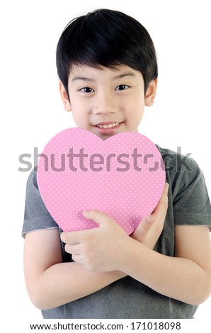 Asian Lovely Boy with heart giftbox on white background . 