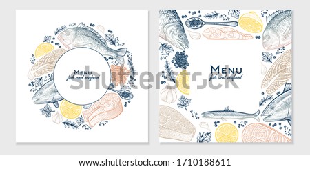 Vector circle and square frame with seafood and fish sketched dishes. Hand drawn color illustration of salmon, dorado, fish steak, tuna, caviar. Vintage menu background. Template design.