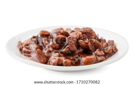 Cat food in a bowl close-up on white background. Isolated Royalty-Free Stock Photo #1710270082