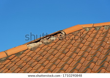 Damaged broken ridge roof tiles against a blue sky Royalty-Free Stock Photo #1710290848