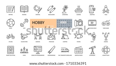 Vector hobby icons. Editable Stroke. Hobbies for children and adults at home and outdoors. Sports, diving, dancing, reading, drawing, music and singing, collecting, chess, astronomy, photo and video Royalty-Free Stock Photo #1710336391