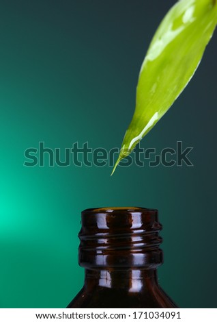 Drop falling from leaf on green background