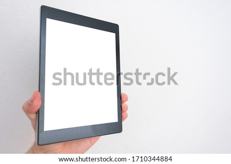 Person shows a screen smart phone, man's hand, background, copy space, close up