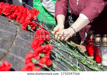 lay carnations to the monument on the street on a sunny day