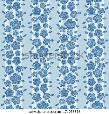 Floral seamless striped pattern . Blue simple background with flowers and leaves of doodles. Abstract ornamental illustration in hand drawn childish style for wallpaper, paper, print and web 