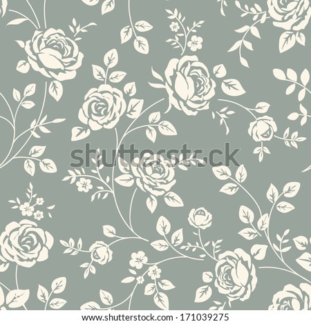 Vector seamless pattern with flowers. Vintage background with blooming roses. Floral wallpaper. White rose silhouette on blue background Royalty-Free Stock Photo #171039275