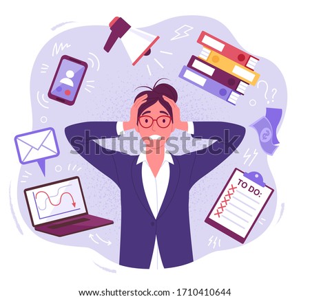 Panic businesswoman. Vector illustration of pretty cartoon brunette woman in stress, surrounded by work and stress factors icons. Isolated on background Royalty-Free Stock Photo #1710410644