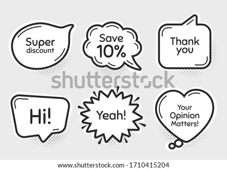 Comic chat bubbles. Super, 10% discount and opinion matters. Thank you, hi and yeah phrases. Sale shopping text. Chat messages with phrases. Drawing texting thought speech bubbles. Vector