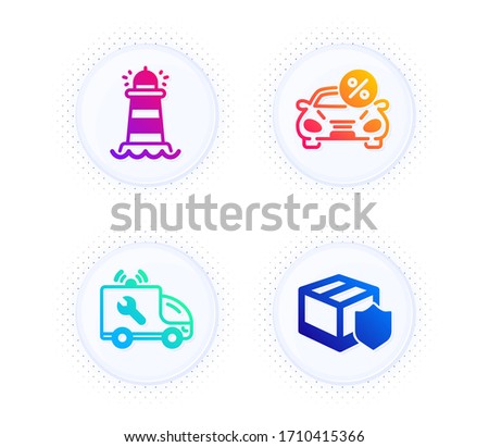 Car service, Lighthouse and Car leasing icons simple set. Button with halftone dots. Delivery insurance sign. Repair service, Searchlight tower, Transport discount. Parcel protection. Vector