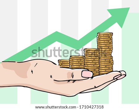 Palm with stacks of coins. In the background, the arrow goes up. Depicts profit growth, financial success, increase in cash. Color image on a white background.