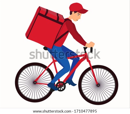 Courier on a bicycle. Vector. Courier on a bike with parcel box on the back.
Can be used for restaurant food service, postal service, goods delivery service. Vector white background isolated.
