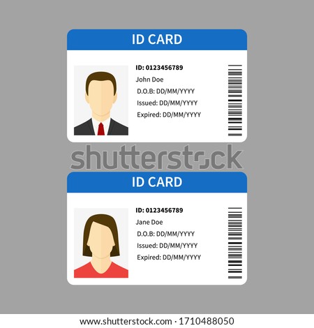 Plastic id cards. Personal registration form card, car driver license with male and female photo, identity document template isolated vector set