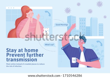 Young man and woman greeting each other through video call during COVID-19 quarantine to lower the risk of further transmission Royalty-Free Stock Photo #1710546286