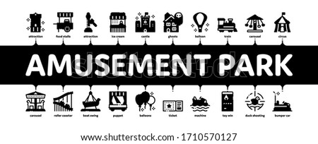 Amusement Park And Attraction Minimal Infographic Web Banner Vector. Castle And Train, Electrical Car And Boat, Ticket And Air Balloon Attraction Illustrations
