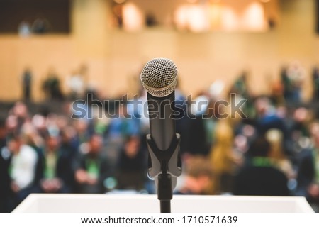 Microphone in the room for press conference. News and information .  Royalty-Free Stock Photo #1710571639