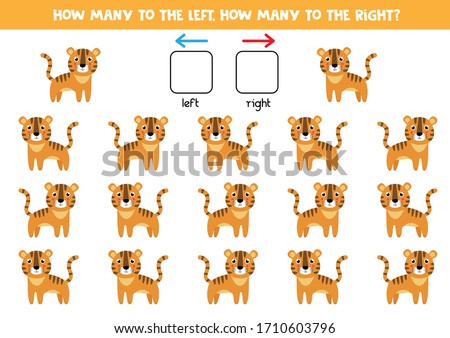 How many  tigers go to the left and how many to the right. Educational game for kids.