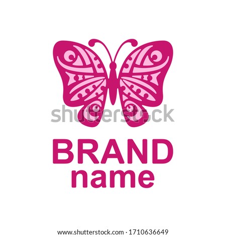 Logo beautiful pink butterfly, lace wings. Trendy icon, modern sign, stylish symbol, brand identity for business, cosmetic, fashion, beauty salon, hairdresser, yoga studio, kids club. Vector image.