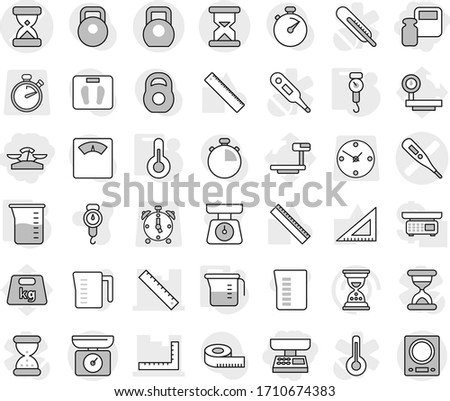 Editable thin line isolated vector icon set - market scales, weight, medical thermometer vector, sand clock, ruler, heavy, measuring cup, handle, corner, stopwatch, big, alarm, store, kitchen