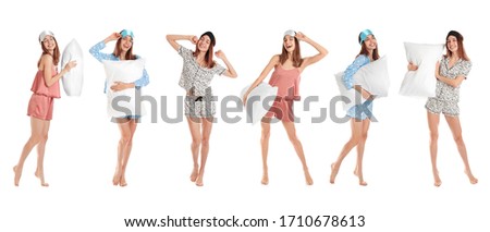 Collage of woman with pillow and sleep mask on white background. Banner design Royalty-Free Stock Photo #1710678613