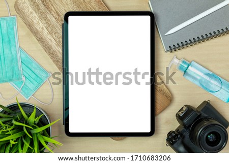 Photographer desk table wood work space work from home event coronavirus top overhead for develope photo place layout center have tablet electronic gadget mock up isolate near around have mask, alcoho