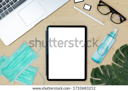 Photographer desk table wood work space work from home event coronavirus top overhead for develope photo place layout center have tablet gadget mock up isolate near around have mask, alcohol gel