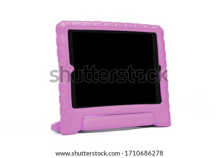 Tablet in a bright cover, designed for children - Isolated on white