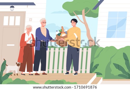 Young man giving a bag of groceries to elderly couple. Shopping help and delivery service. Volunteer support seniors during coronavirus outbreak. Vector illustration in flat cartoon style Royalty-Free Stock Photo #1710691876