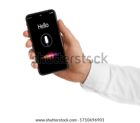 Man using voice search on smartphone against white background, closeup