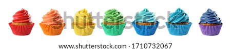 Set of delicious birthday cupcakes on white background. Banner design Royalty-Free Stock Photo #1710732067