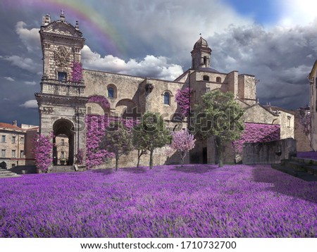 Architecture versus nature, when Covid-19 allows nature to take back the city. A square becomes a lavender
